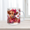 Brown Highland cow ceramic mug personalized with a name. Highland cow mug with red bow and flowers. Custom farmhouse cow coffee cup, 11 oz. 